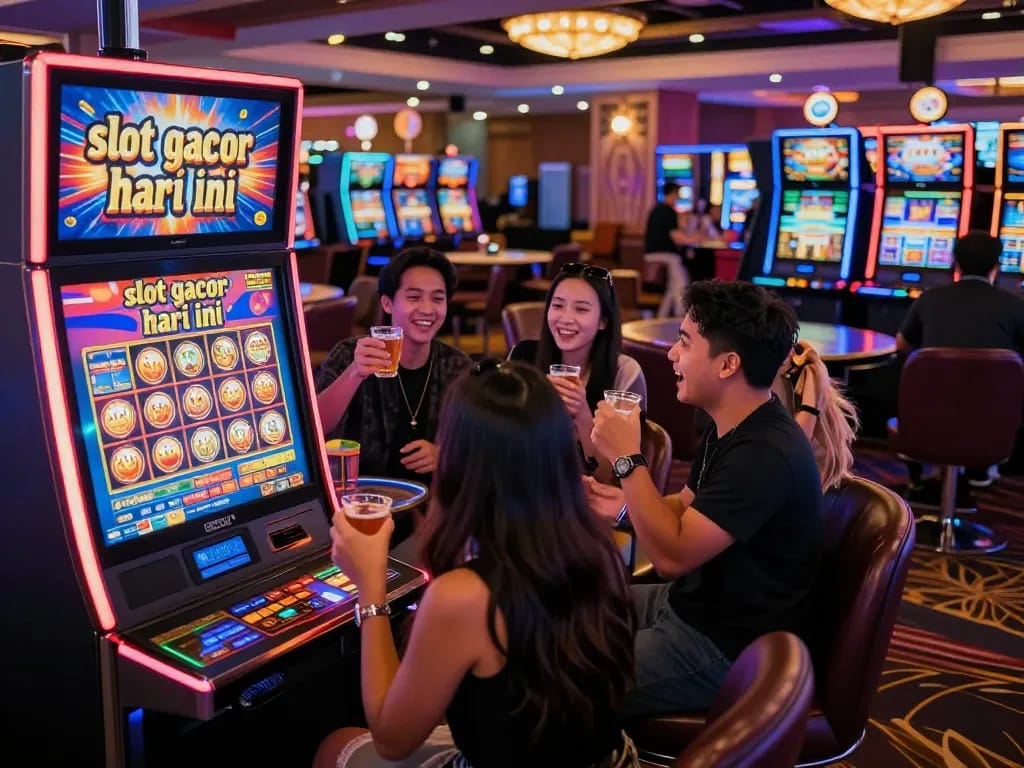 Exciting scene of friends celebrating at a slot machine highlighting slot gacor hari ini in a vibrant casino atmosphere.