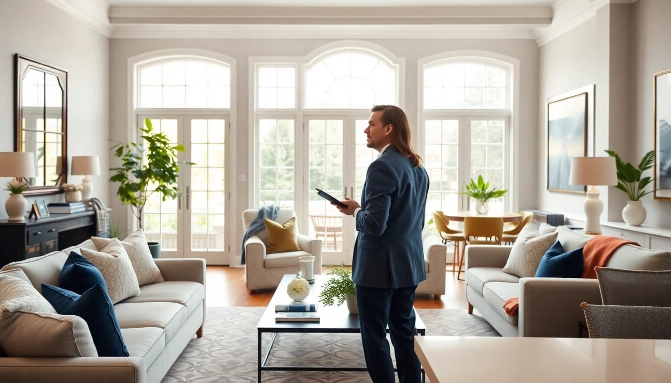 Real Estate agent showcasing a staged home to potential buyers during an open house.