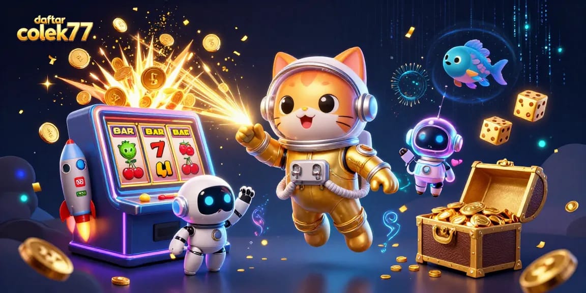 Experience thrilling jackpots at daftar colek77 with an exciting 3D casino scene filled with vibrant elements.