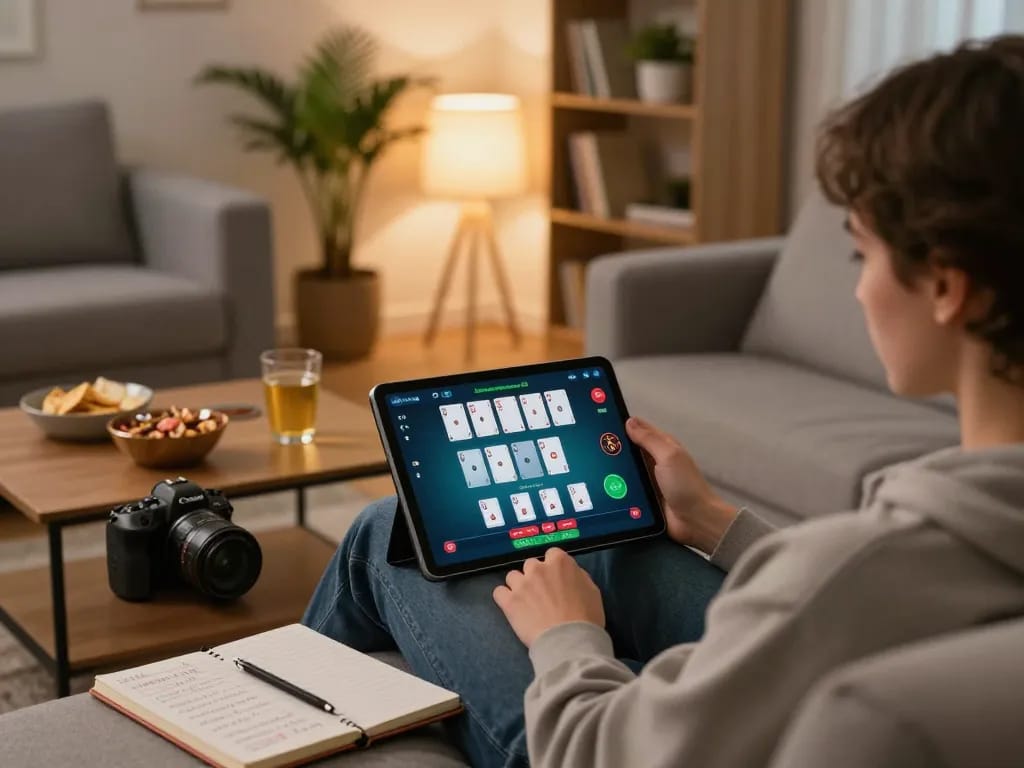 Person engaged in online poker at home with vipwin app open on tablet, capturing strategic gameplay moment.