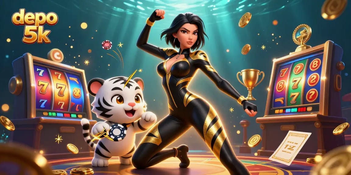Engage in thrilling gameplay with depo 5k, showcasing a captivating 3D casino scene filled with slot elements.