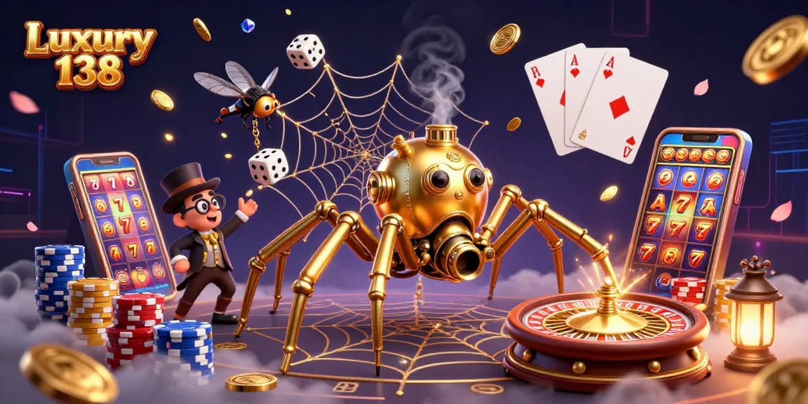 Experience the thrill of Luxury 138 with a rich 3D illustration of steampunk characters amid casino elements.