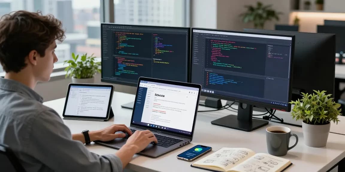 Developer using Telegram interface for 纸飞机下载 in a modern tech workspace with coding setup and city view.