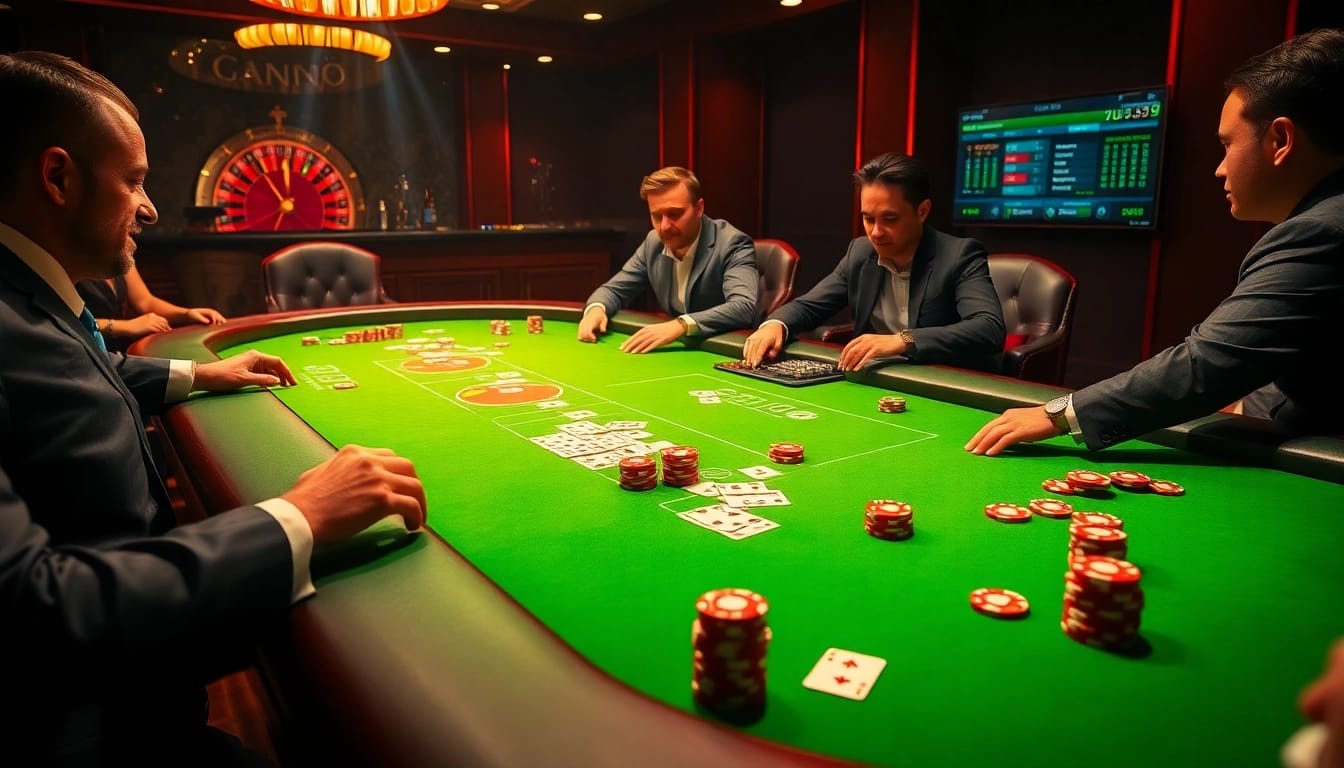 Players strategizing and winning at a vb9 poker table in an upscale casino setting.