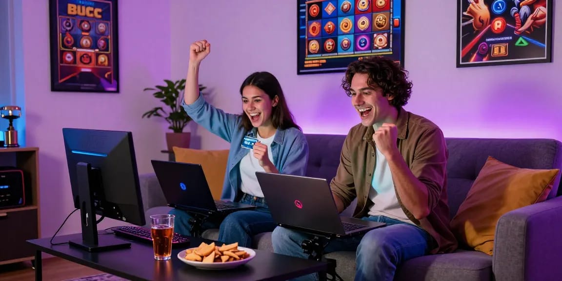 Engaged players celebrating at credit card casinos UK, showcasing excitement and modern gaming ambiance.