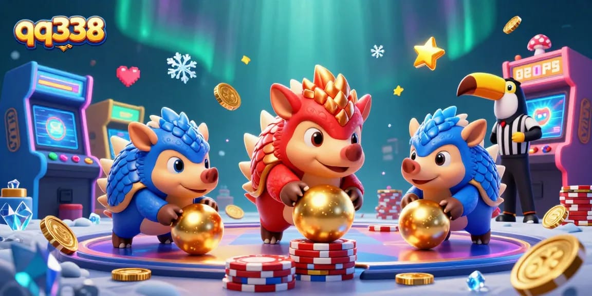 Experience excitement with qq338 as cartoon pangolins bowl through poker chips in a vibrant casino.
