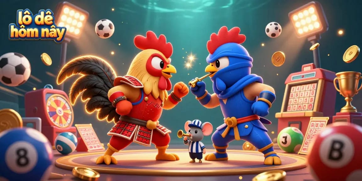 Bet on lô đề hôm nay with fighting roosters, lottery balls, and dynamic sports elements.