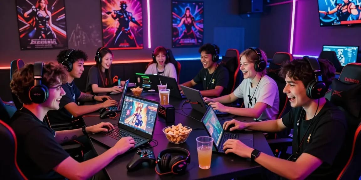 Engaged gamers playing hentai games in a vibrant gaming lounge.