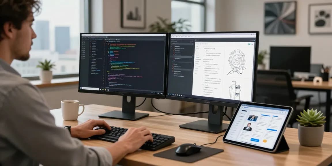 Developer in a tech workspace showcasing 纸飞机中文版官网 as part of a modern digital communication setup.