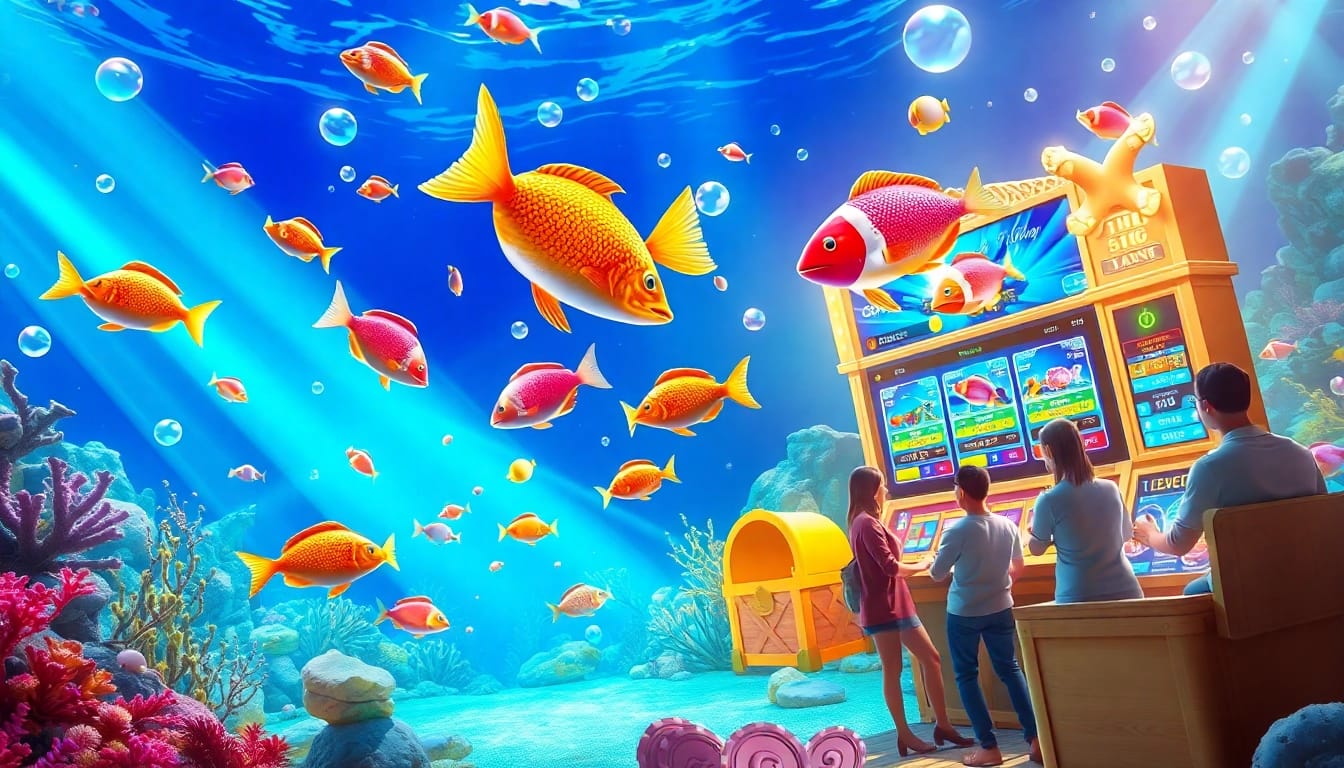 bắn cá đổi thưởng game showcasing vibrant underwater graphics with digital fish and colorful chips.