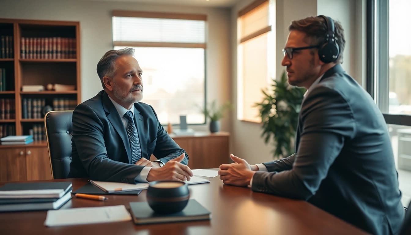 San Antonio truck accident lawyer discussing case details with a client in a professional office.