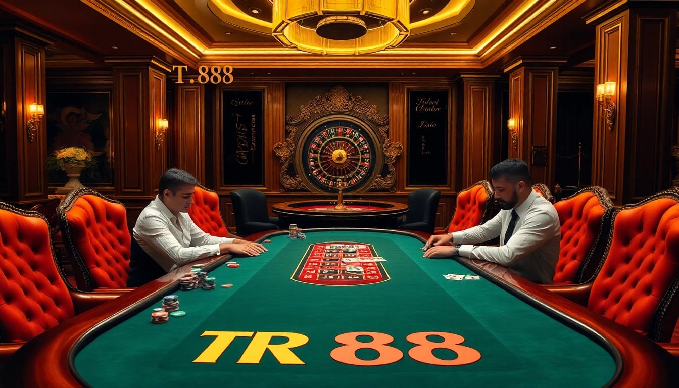 Engage in a thrilling poker game at an upscale casino featuring TR 88-themed décor.