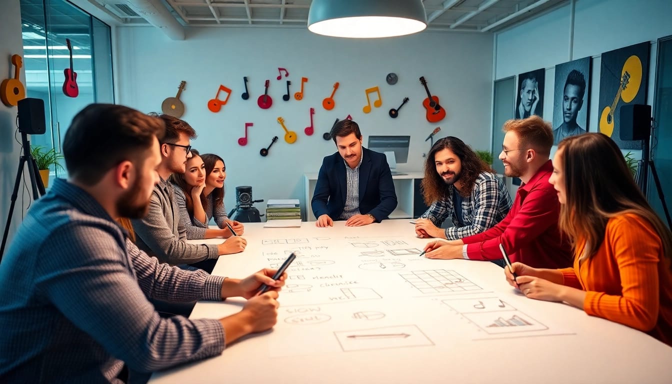 Engaged team at a music pr firm strategizing in a modern office environment.