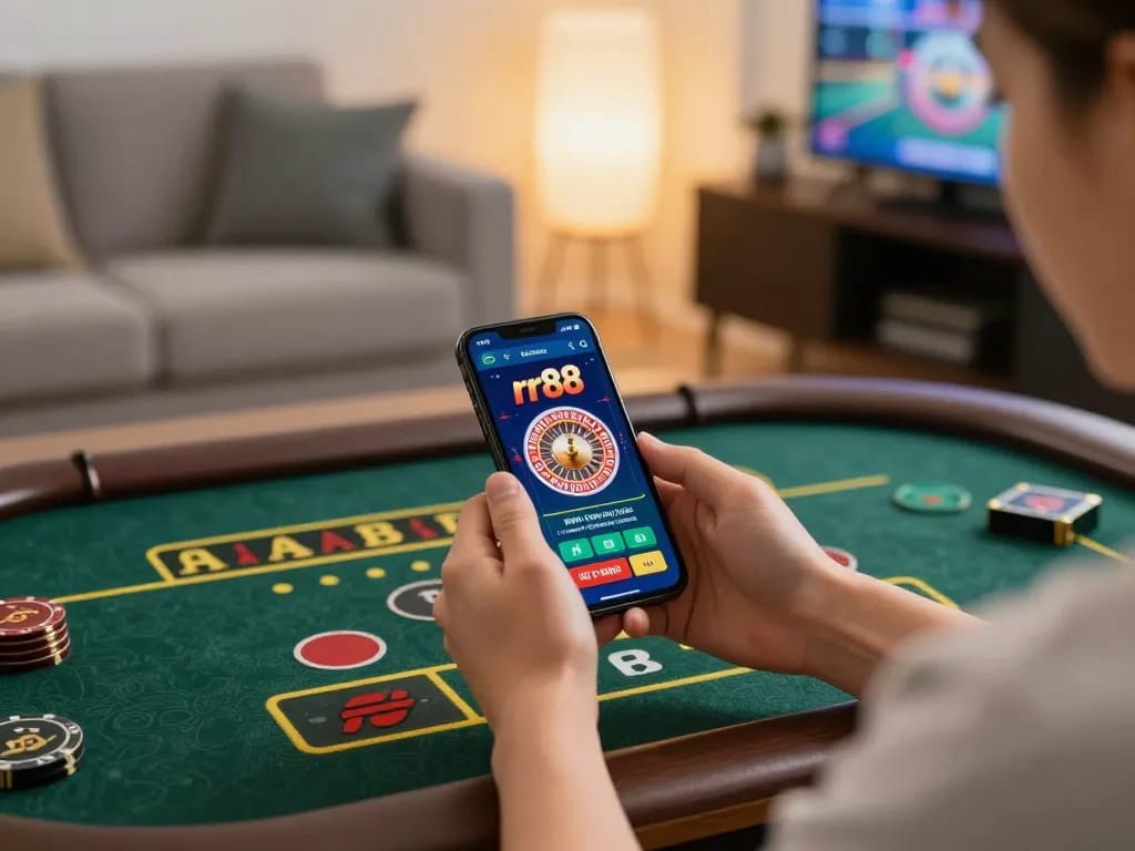 Play live roulette with the thrilling rr88 casino app on your smartphone, capturing a mobile gaming atmosphere.