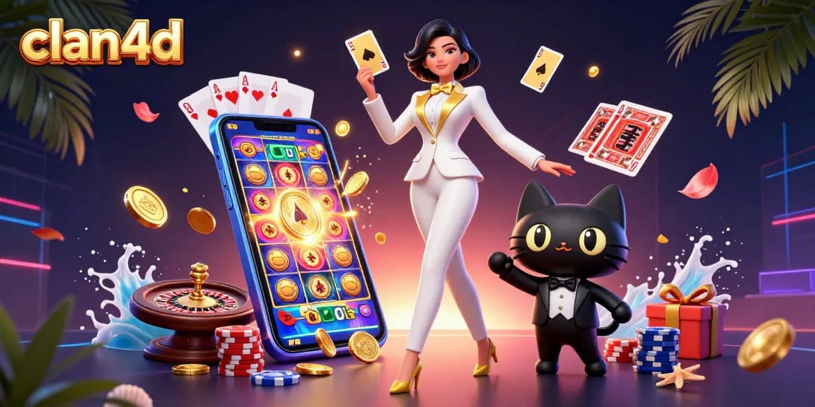 Experience thrilling gameplay with clan4d as a glamorous woman shuffles cards beside a tuxedo cat.
