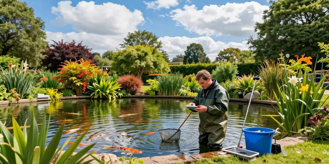 Professional Pond Cleaning Surrey expert testing water quality in a serene pond environment.
