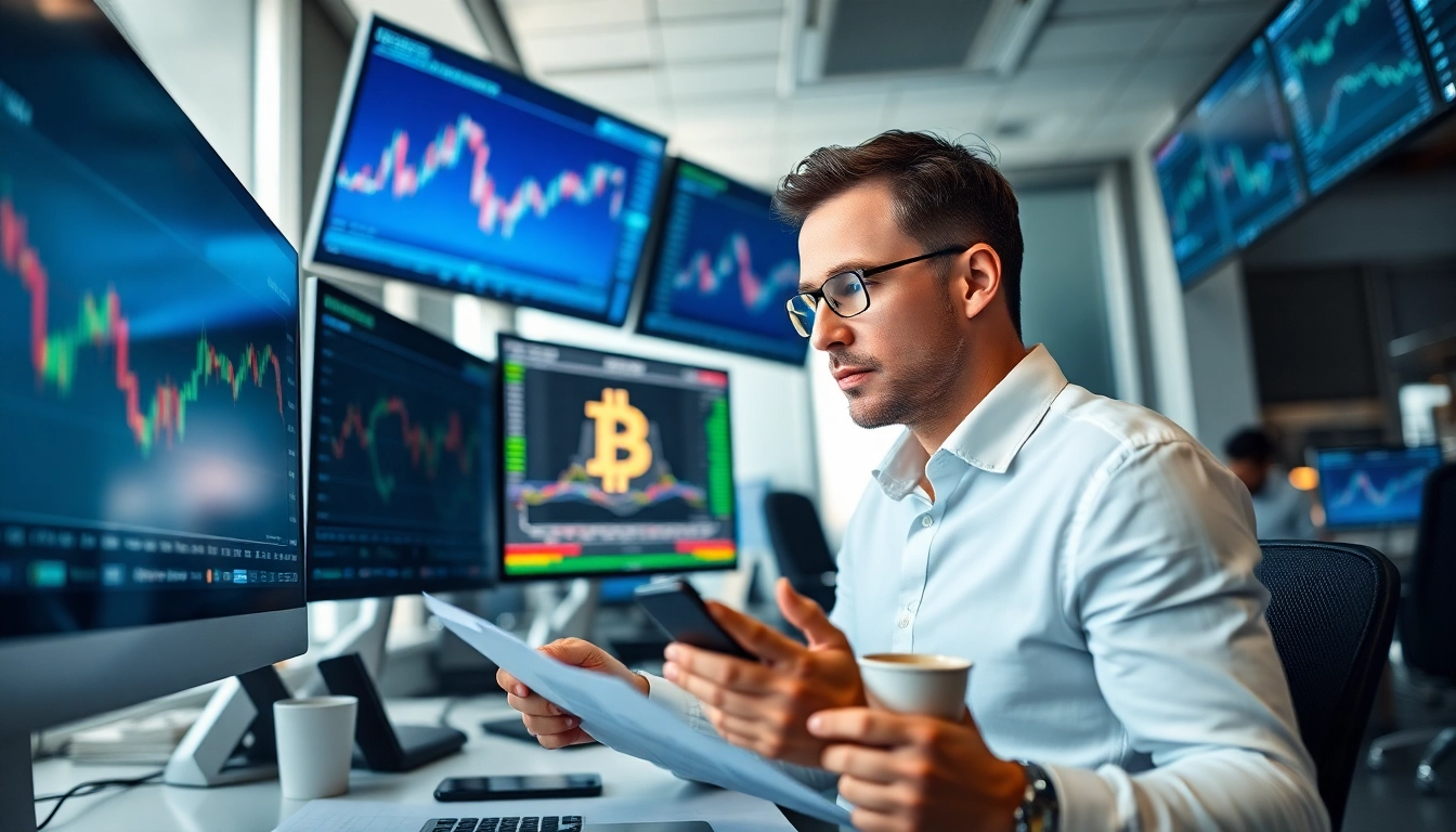Acheter bitcoin : Trader analysant des graphiques Bitcoin dans un bureau moderne.