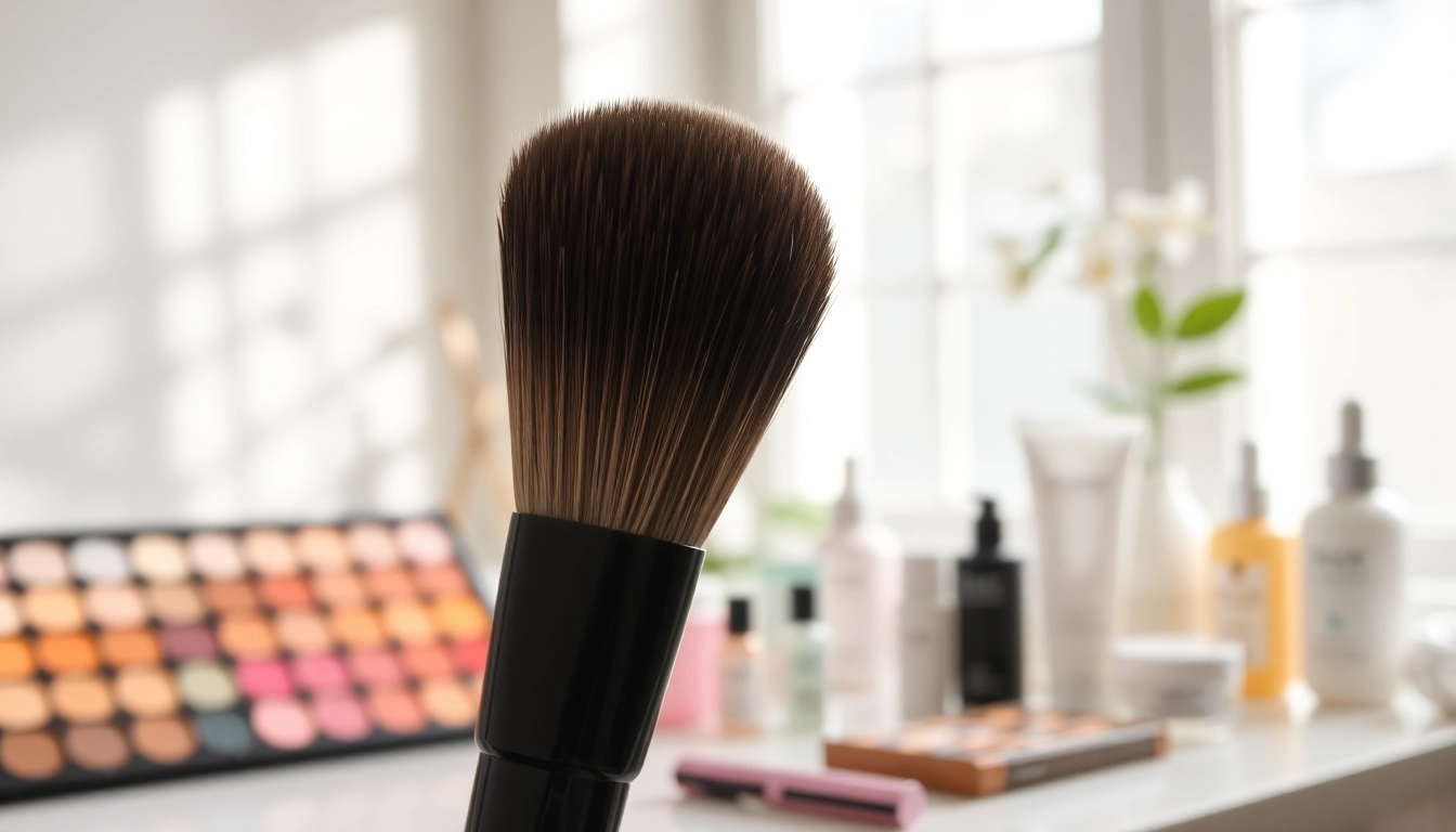 Applying makeup with an angled makeup brush showcasing precision and smoothness.