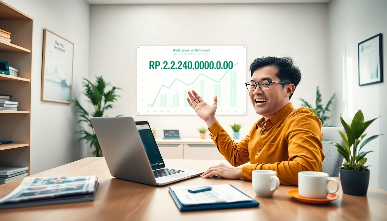 Celebrating a financial milestone with BOX138: Successful withdrawal of Rp 2.424.000,00 in a modern office environment.