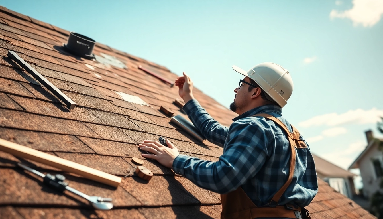 Roof repair expert assessing damage on a residential roof using professional tools.