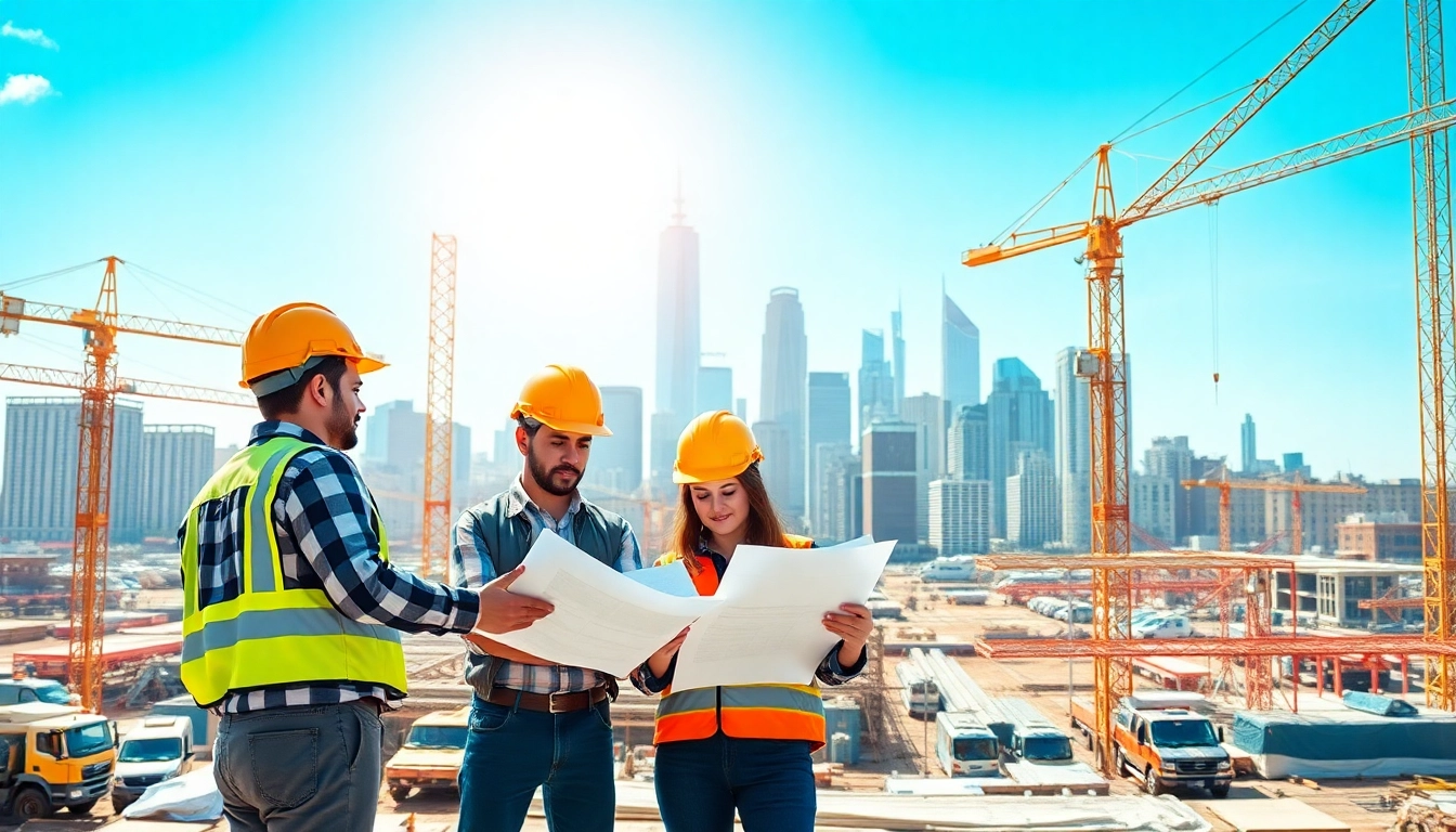 Engaged workers collaborating on colorado construction news project amidst cranes and city skyline.