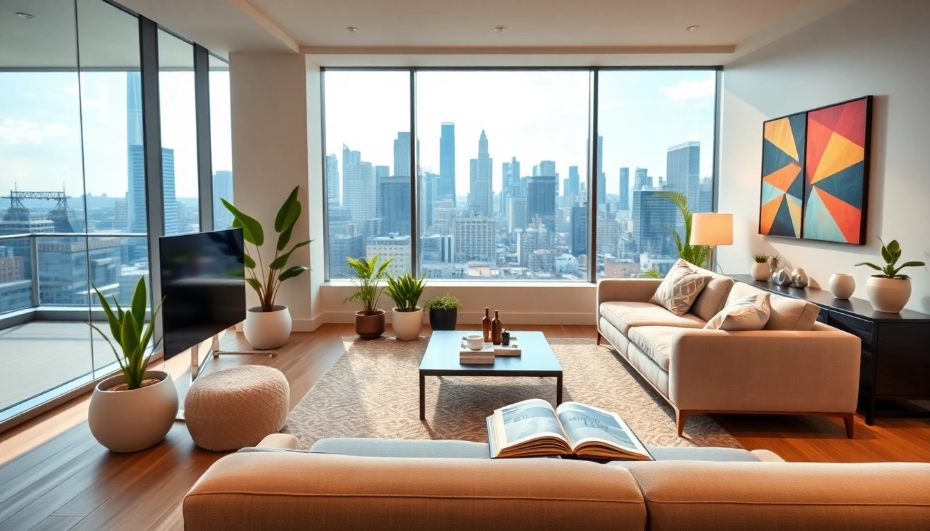 JBO apartment rental showcasing a modern living room with city skyline views.
