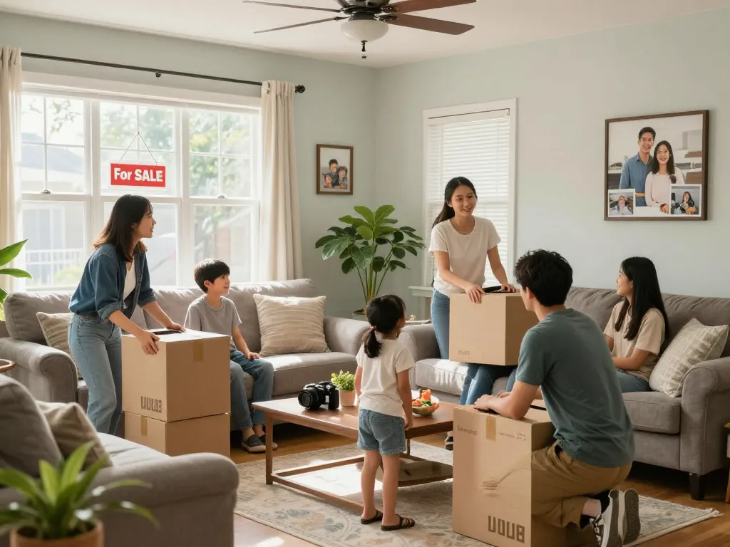 Preparing a quick house sale in a cozy living room with family members decluttering.