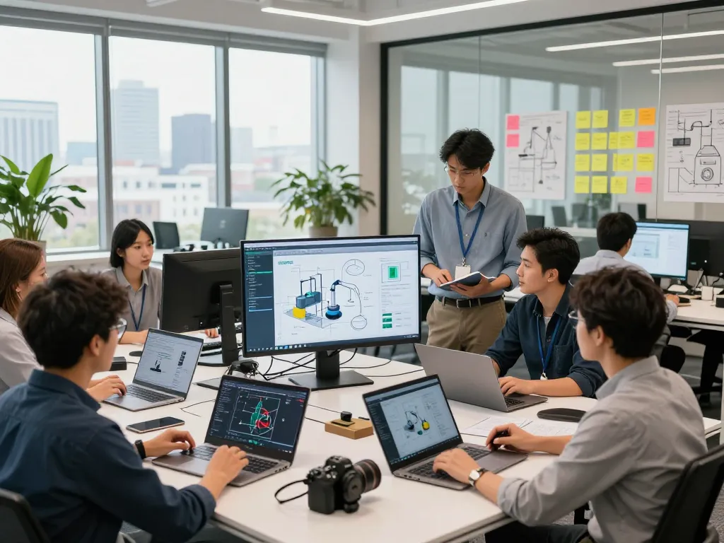 Siemens team collaborating in a modern digital workspace with technology solutions and design discussions.