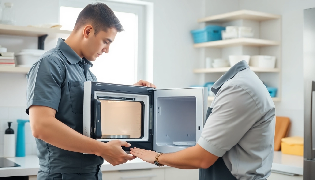 Expert conducting Microwave Repair on a countertop appliance inside a stylish kitchen.