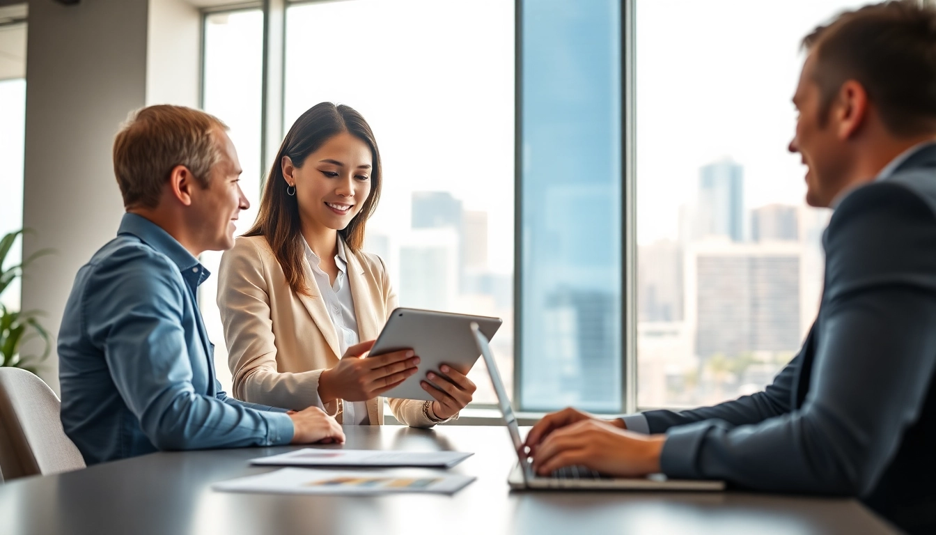 Real Estate agent collaborating with clients in a modern office atmosphere promoting transactions.