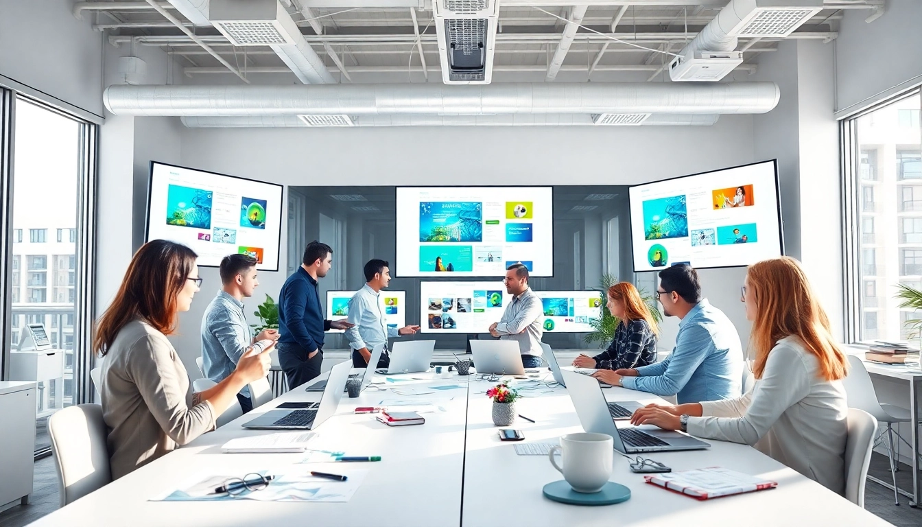Webdesign kreative Teamarbeit in einem modernen Büro mit lebendigen Farben und Technologiedesigns.