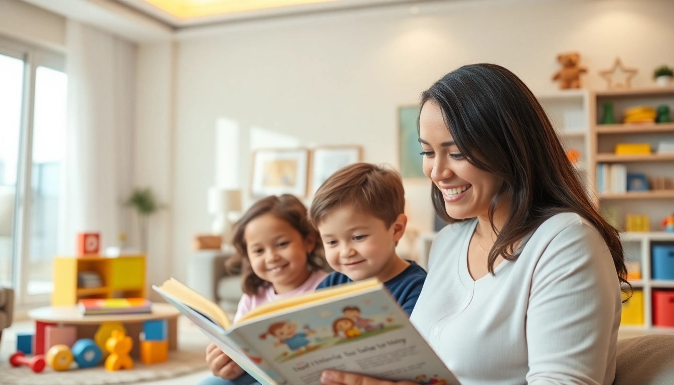 Engaging live-in nanny Abu Dhabi reading to children in a warm, inviting home setting.