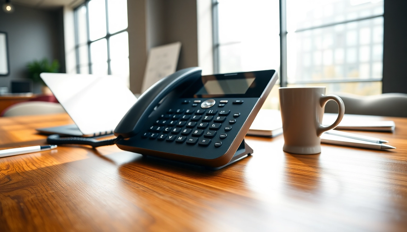 Showcase a business phone prominently on a stylish desk, embodying productivity in a modern workspace.