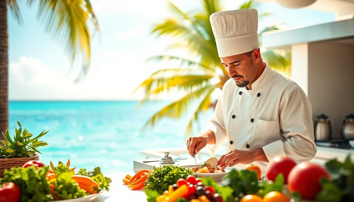 St Martin private chef preparing gourmet meals in a scenic outdoor kitchen by the beach.