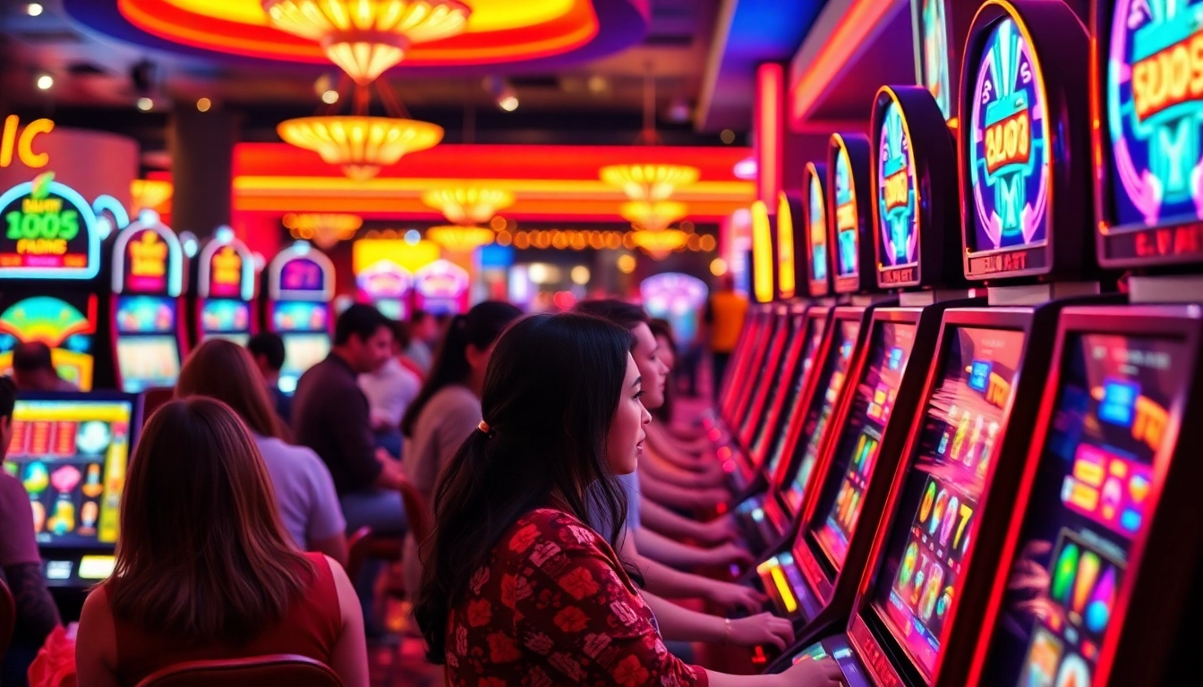 Permainan slot88 yang menarik dengan pemain yang antusias dan lampu neon terang.