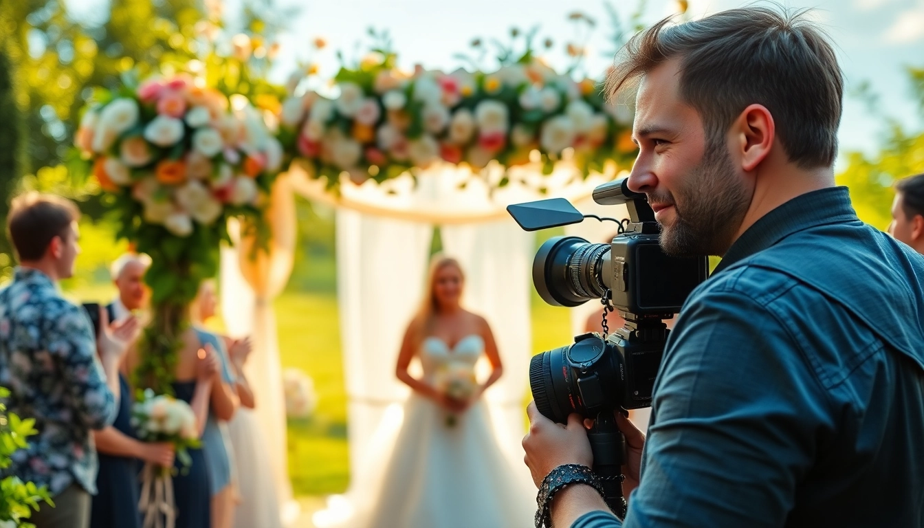 Calgary videographer capturing a summer wedding scene with vibrant guests and floral arch.