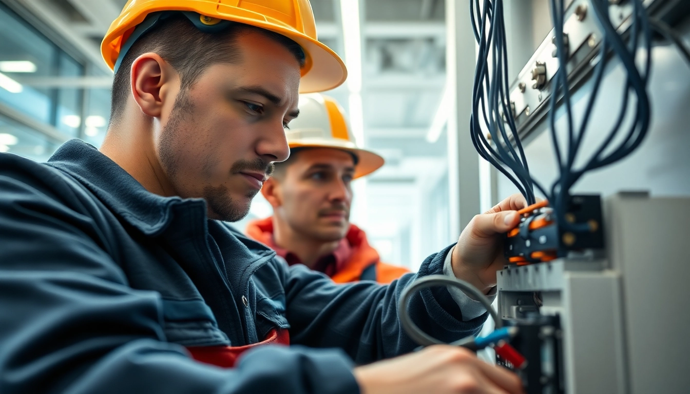 Skilled commercial electrician Vancouver diligently working on electrical systems in a professional office.