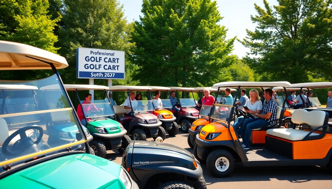 A golf cart dealer presenting various models in a vibrant outdoor setting with happy customers.