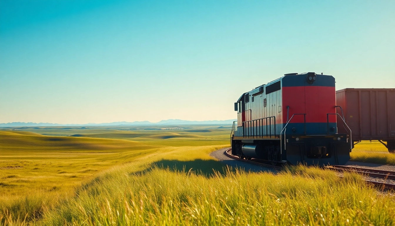 Freight train on the great plains rail against scenic landscape showcasing vibrant nature.