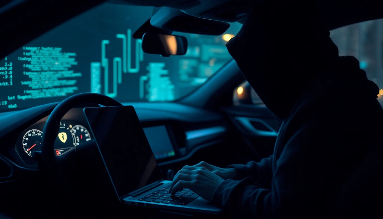 Learn about car hacking security features at https://car-hack-world.com with a hacker typing on a laptop.