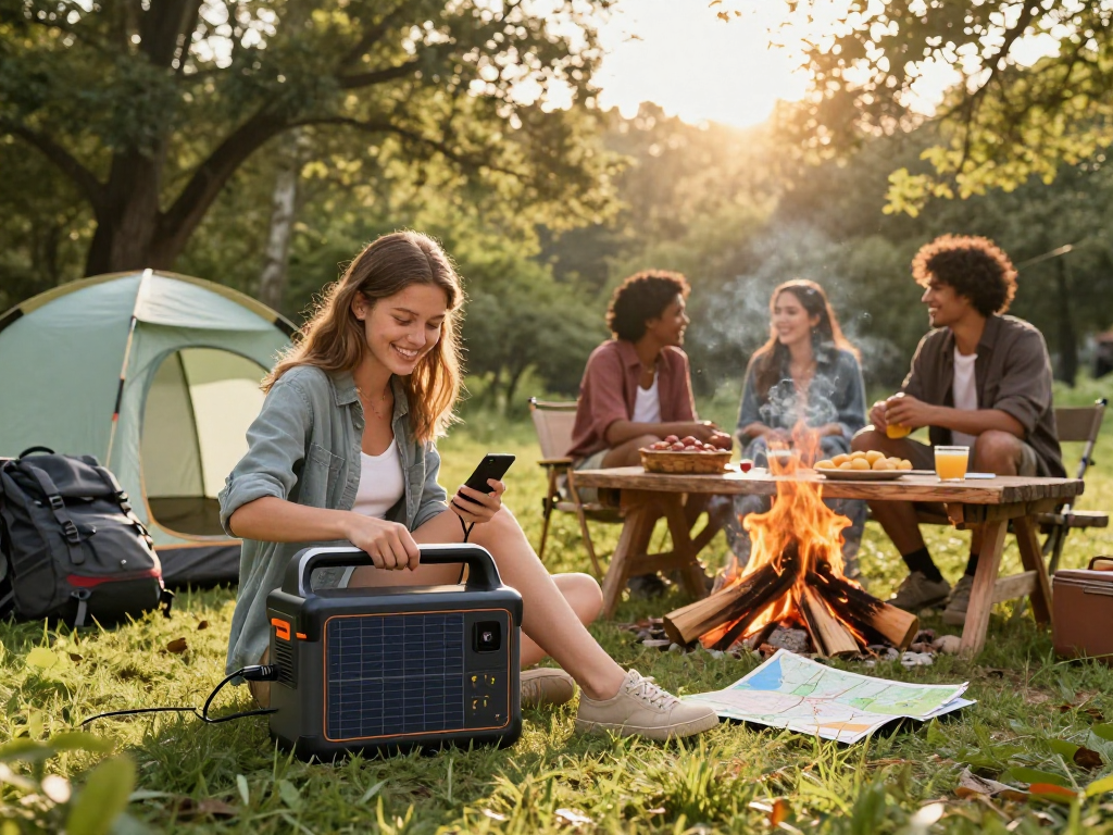 Portable power station supplier charging devices during a camping trip in a scenic forest.