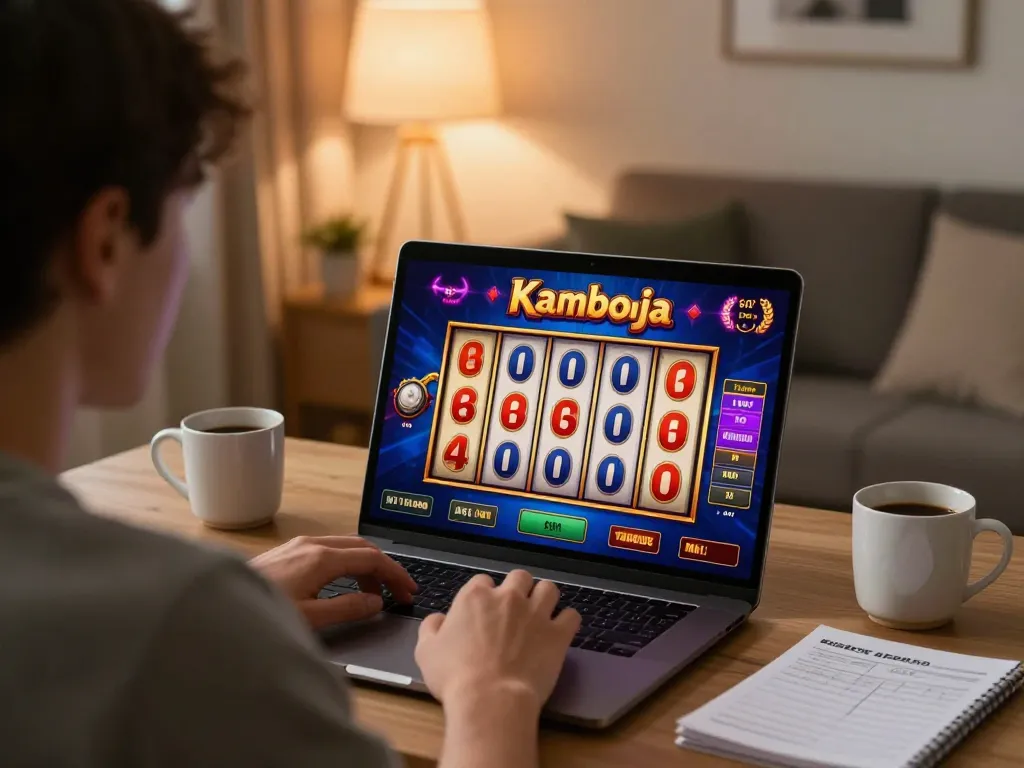 Playing slot kamboja online from home with vibrant game display and cozy atmosphere