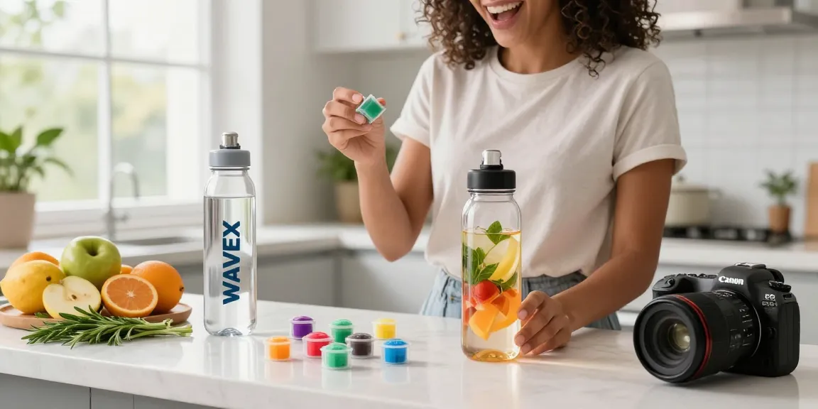A person excitedly selects water bottles with scent pods in a bright kitchen, surrounded by fresh fruits, highlighting innovative hydration.