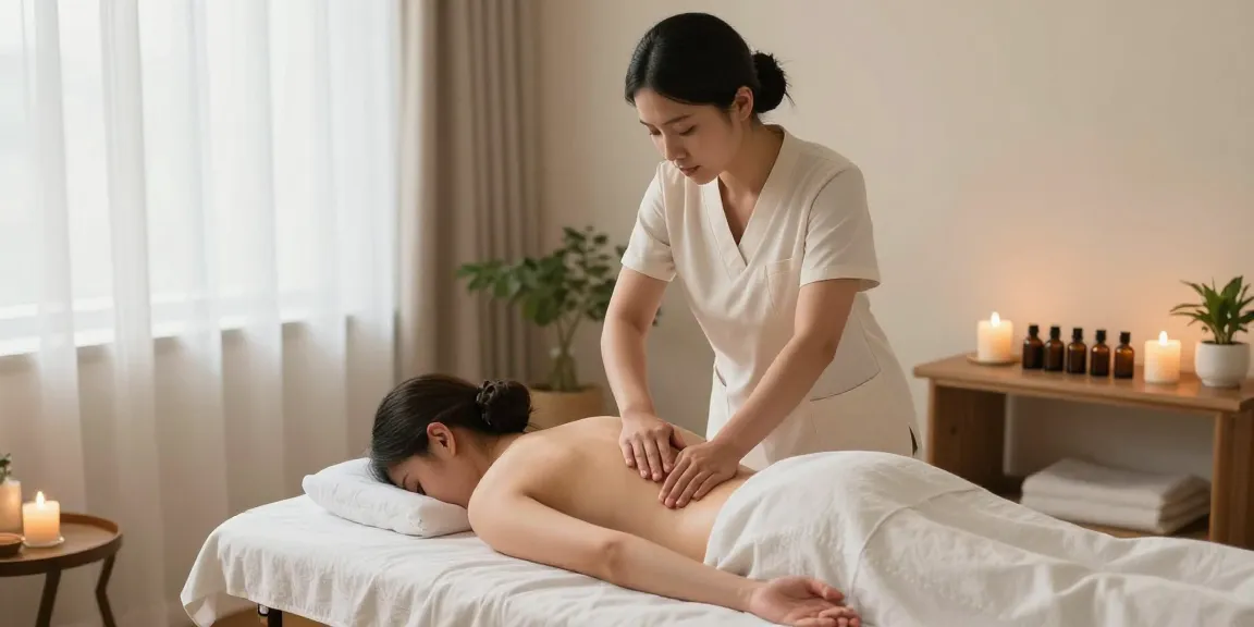 마사지와 아로마테라피의 조화로운 세션, 편안한 분위기에서 향기로운 캔들과 식물이 어우러진 스튜디오.