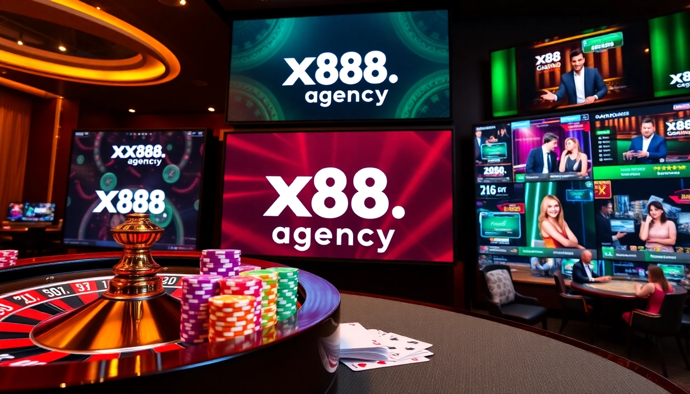 Players enjoying thrilling games at x88.agency's luxurious online casino, featuring roulette and poker.