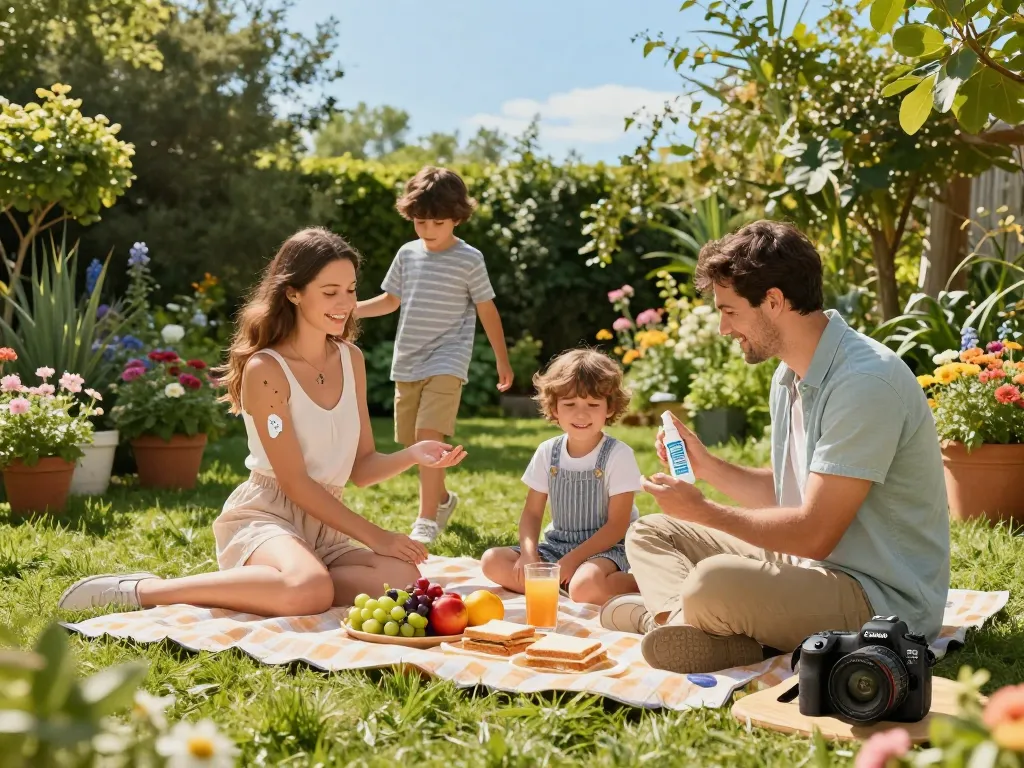 Family applying Best Mosquito Repellent at a summer picnic in a sunny garden, enjoying the outdoors.