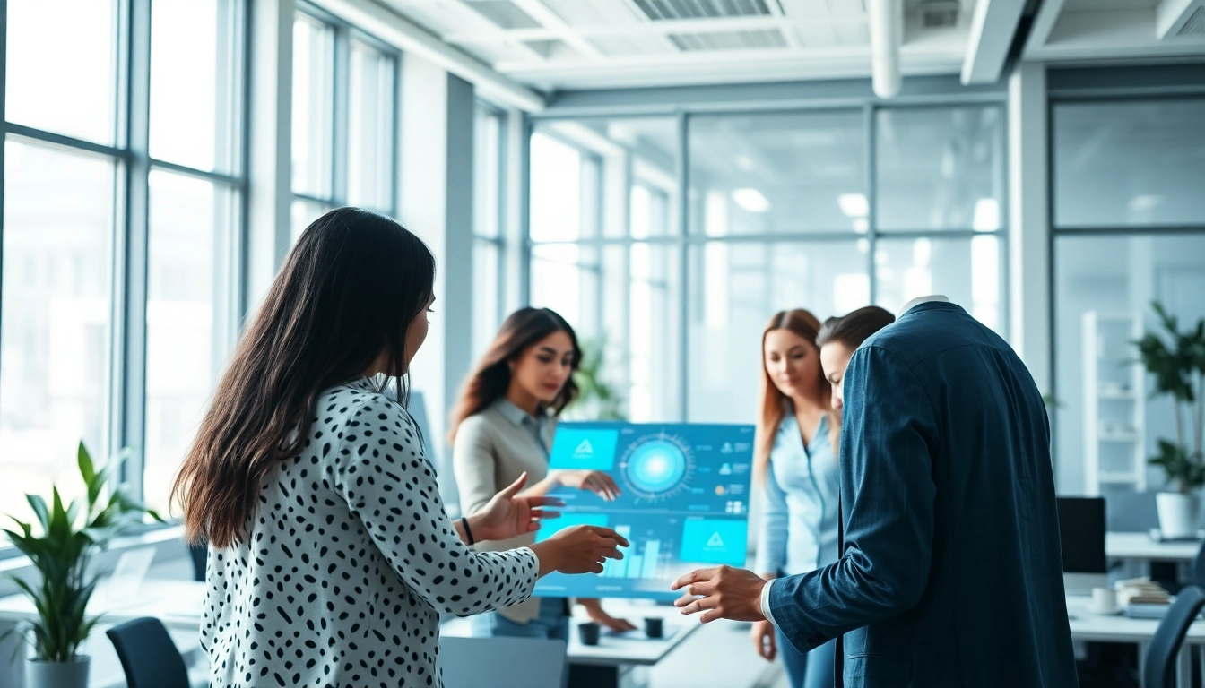 Team using an enterprise AI assistant to enhance collaboration in a modern office