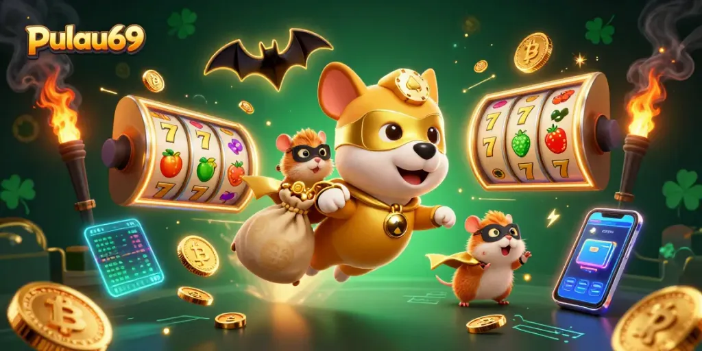 Experience pulau69 with a superhero dog and sidekick amid vibrant slot game elements.