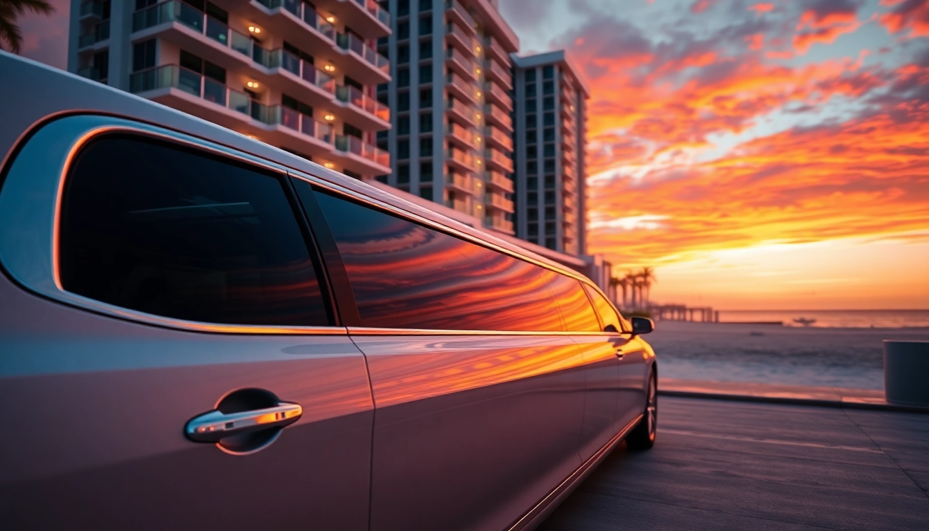 Luxury limo services Miami showcased at a beachfront hotel during a stunning sunset.