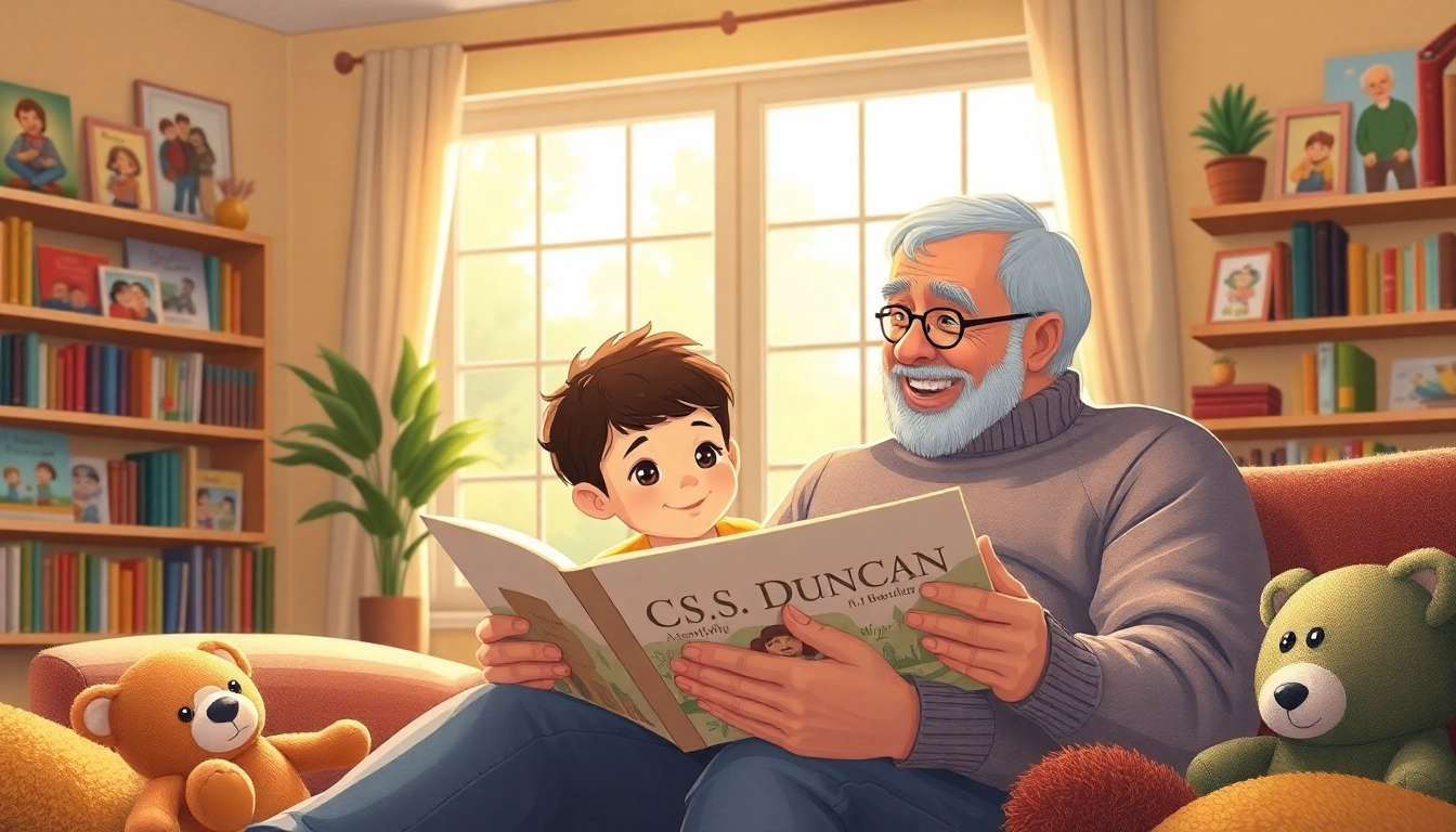 Engage with the heartwarming scene of a grandfather reading C.S. Duncan Books to his grandchild, illustrating family love.